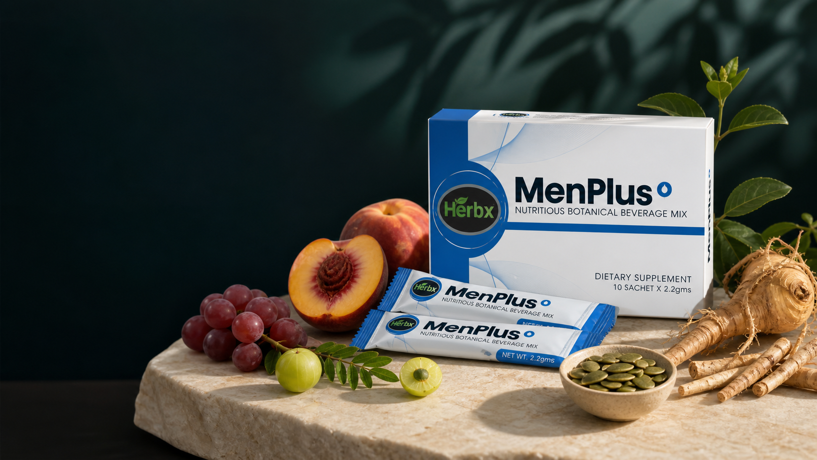 MenPlus botanical beverage mix displayed with selected botanical ingredients