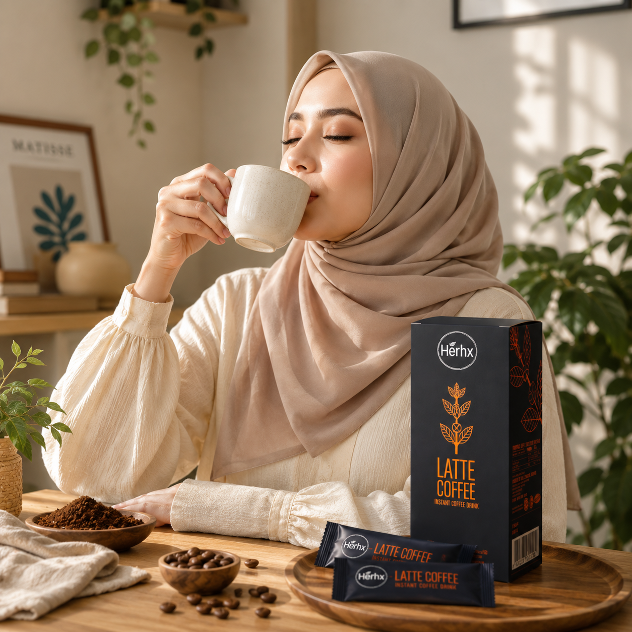 Enjoying HERBX Coffee Latte as part of a daily lifestyle